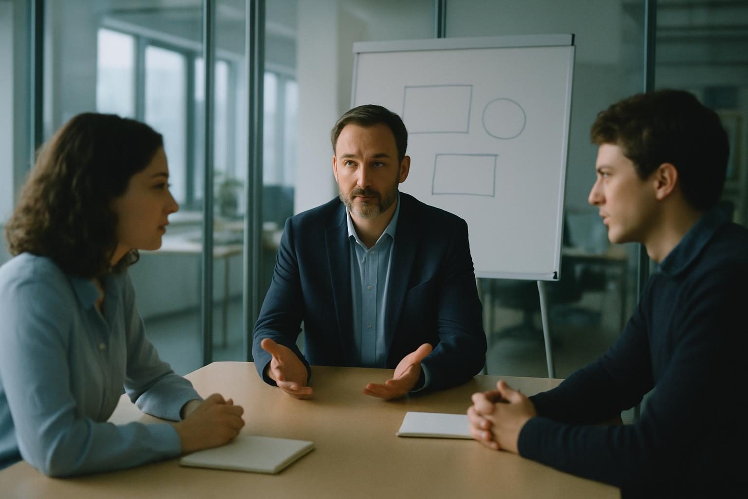 Manager mediating two coworkers in a small meeting room, morning light, all three focused and calm.