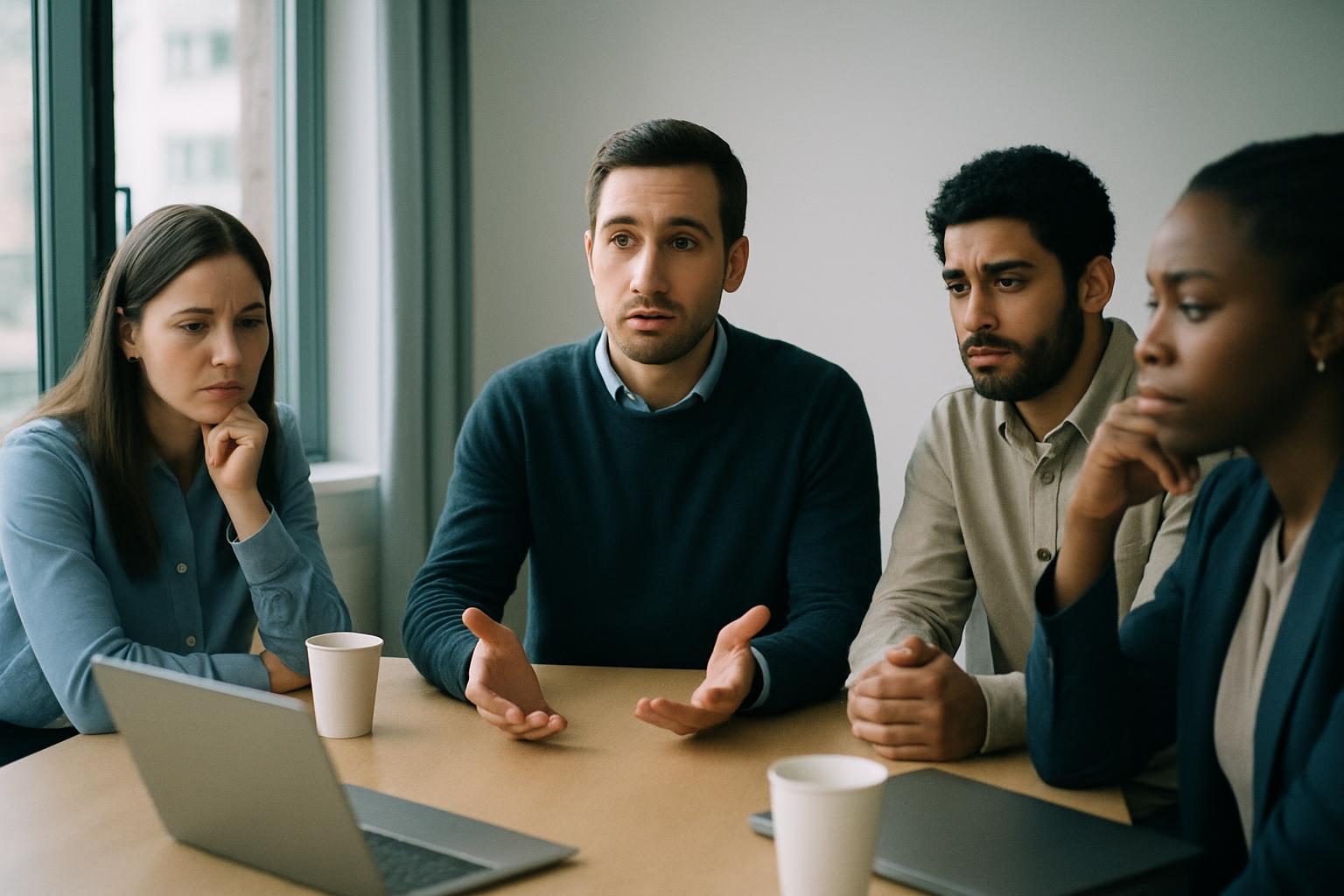 Manager addressing a tense small team in a bright office meeting.