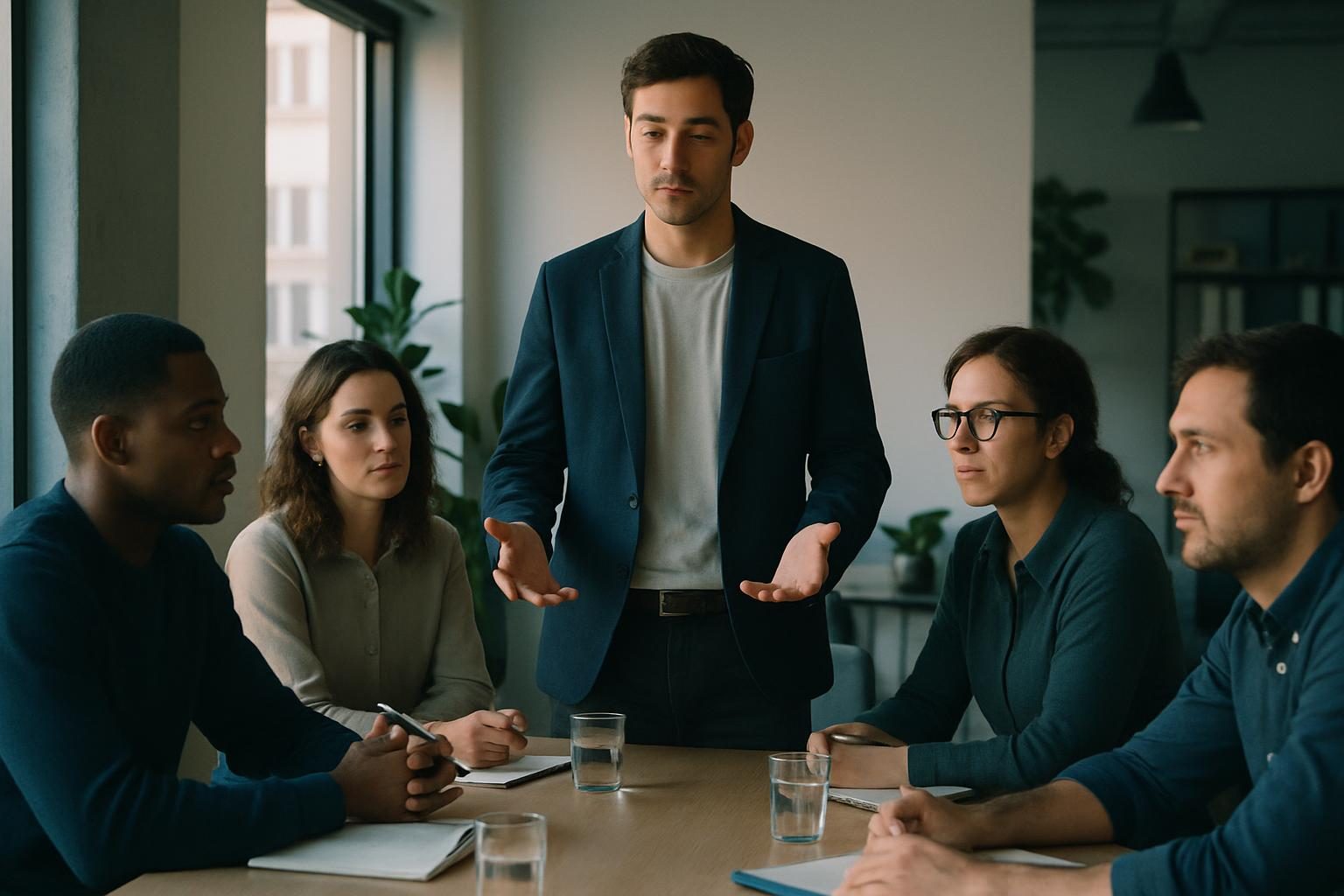 Manager addressing a small team in a meeting room about a reorg, teammates listening with serious expressions.