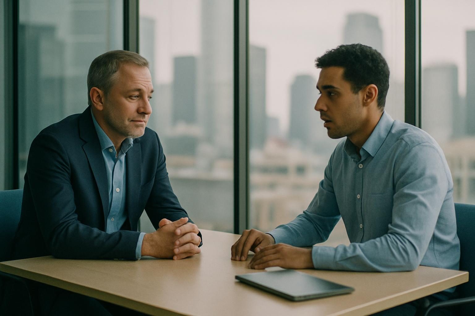 Manager and employee in a quiet conference room during a difficult layoff meeting.